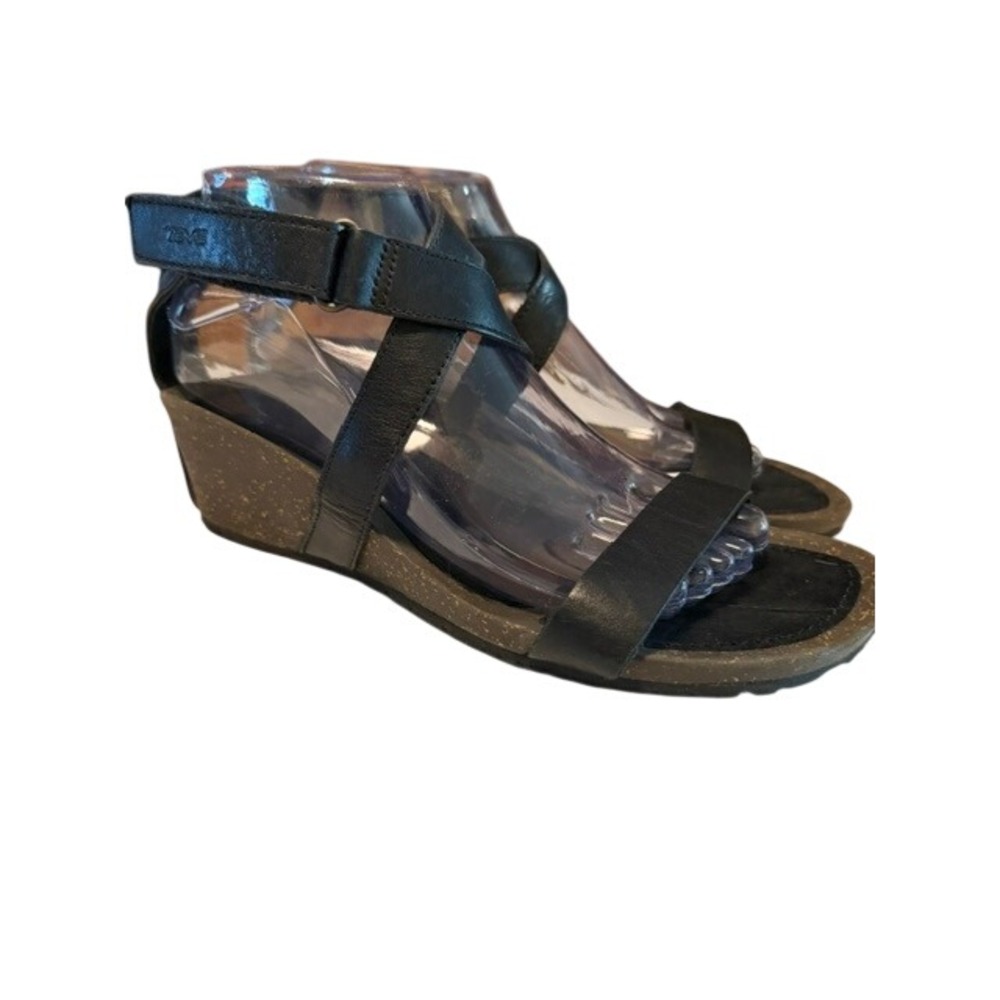 Teva Wedge Black Leather Strappy Sandals Womens 8